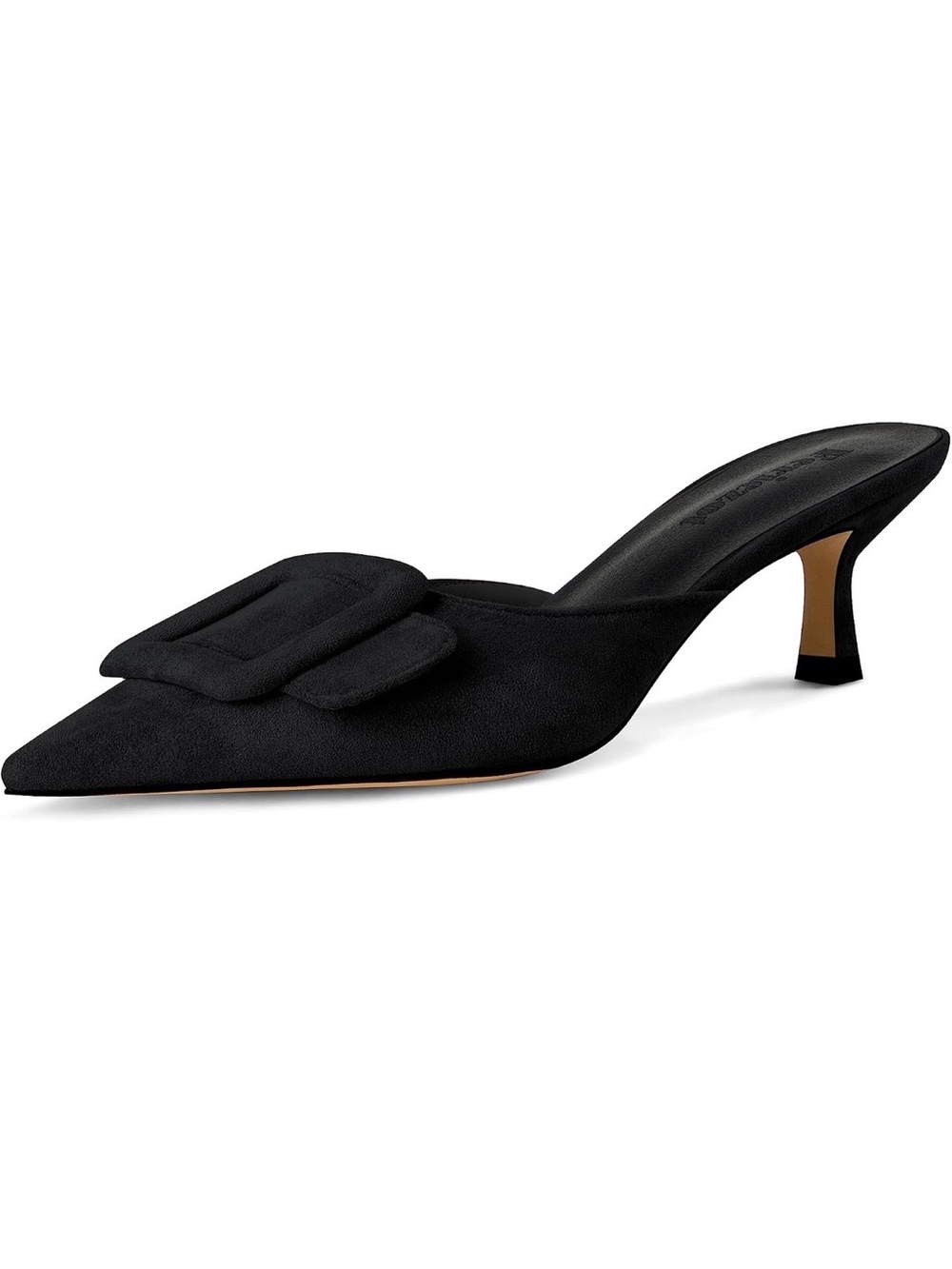 Pointed Toe Black Suede Mule with Decorative Buckle